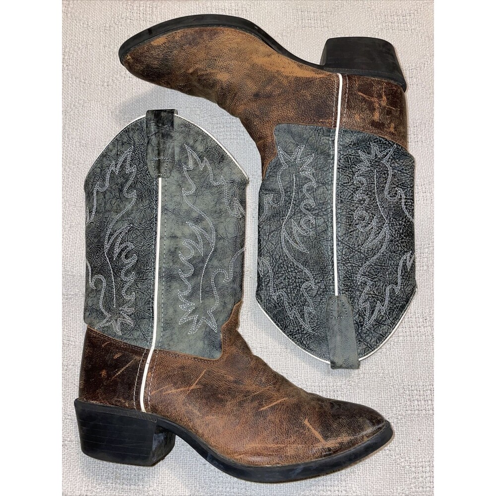Old West Western Boots Womens Size 6.5 Medium Brown Gray Leather Pull On Cowgirl